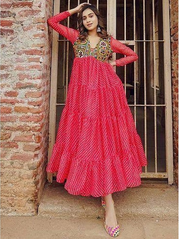 Red Long Lucknowi Style Georgette Kurti with same tone embroidery - RZUstyle