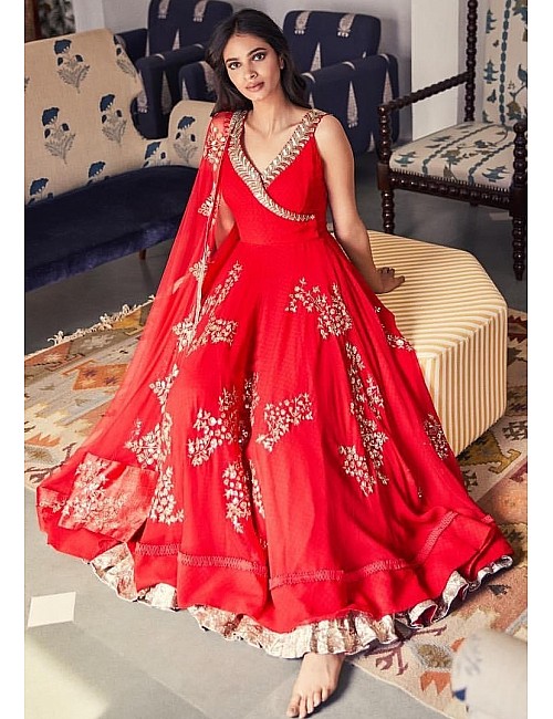Red georgette embroidered long ethnic gown