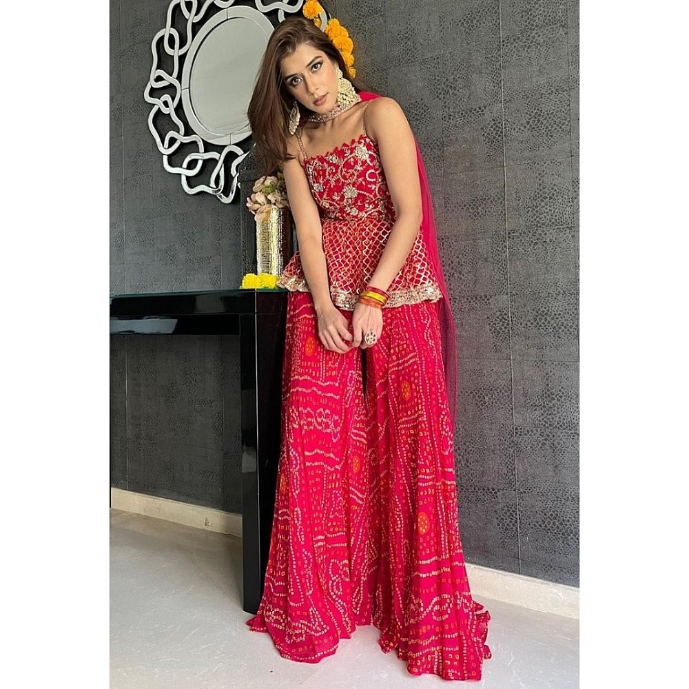 Red georgette embroidered printed sharara suit
