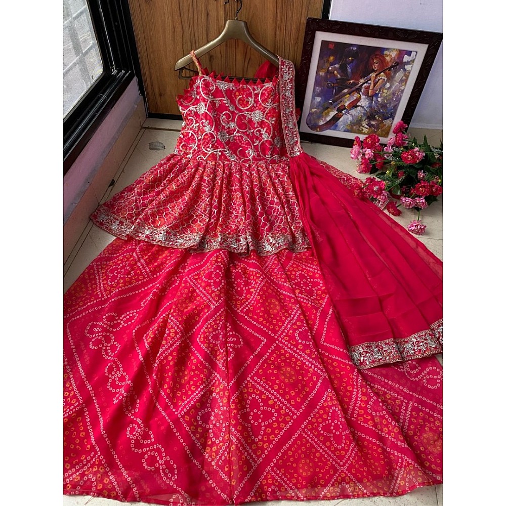 Red georgette embroidered printed sharara suit