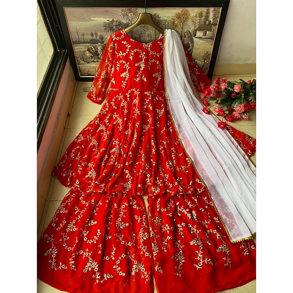 Red georgette embroidered sharara suit