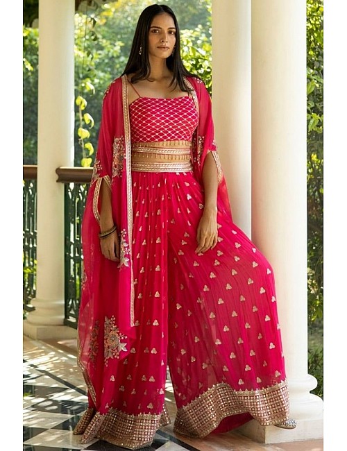 Red georgette heavy embroidered plazzo suit for wedding