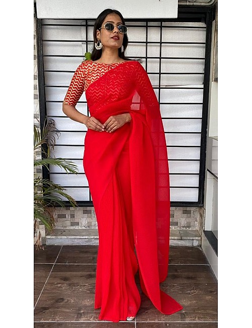 Red georgette pleated partywear saree with heavy sequence work blouse