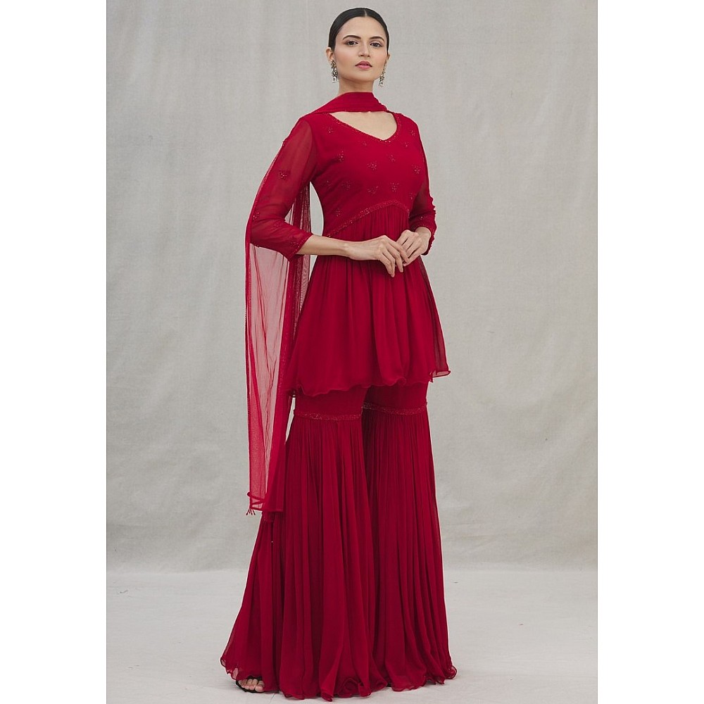 Red georgette thread embroidered sharara salwar suit