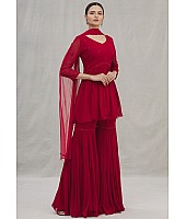 Red georgette thread embroidered sharara salwar suit