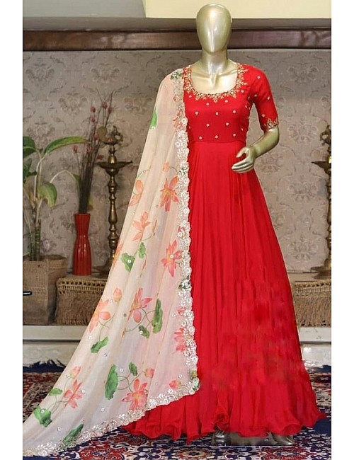 Red georgette unbrella flair long gown with printed dupatta
