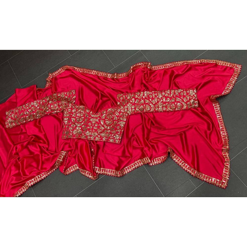 Red japan satin sequence work designer party wear saree