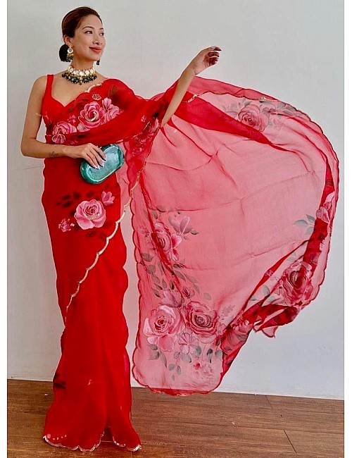 Red organza flower printed hand worked partywear saree