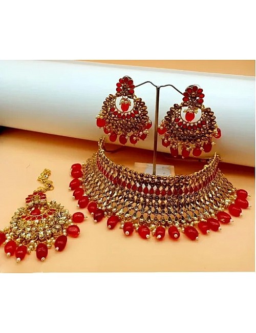 Red Pearls Gold Plated Jewellery Set for Women