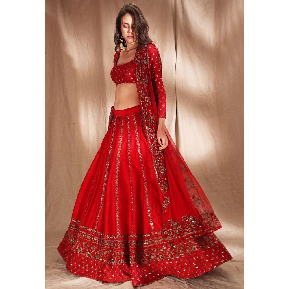 Red slub silk heavy embroidered wedding lehenga choli