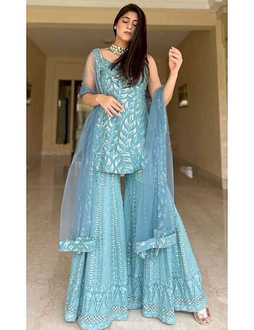 Sea green georgette heavy embroidered wedding plazzo suit