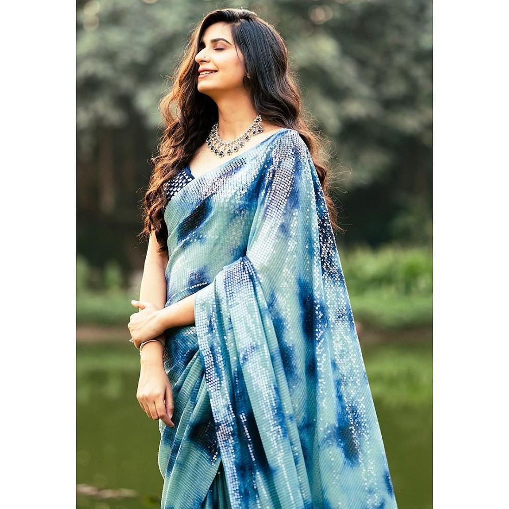 Sea green georgette sequence work printed saree