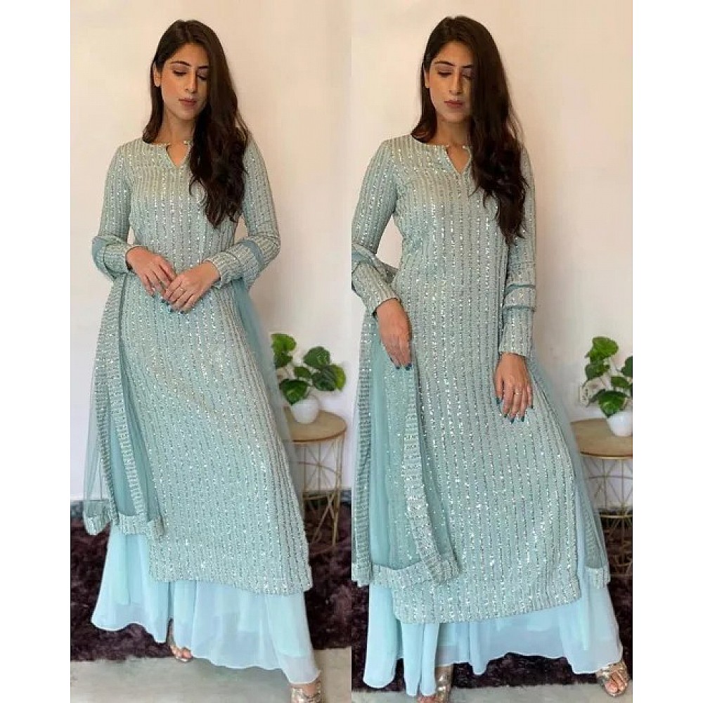 Skyblue Fox Georgette with sequence Embroidered work Palazzo Suit