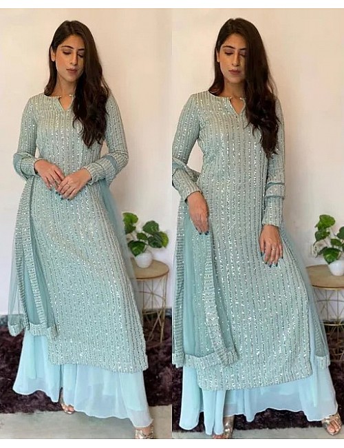 Skyblue Fox Georgette with sequence Embroidered work Palazzo Suit
