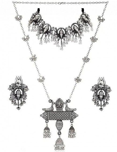 Traditional Afghani Silver Oxidised Choker Necklace & Chain Pendant Combo Set for Women & Girls