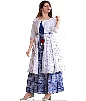 White and blue rayon printed gown kurti with jacket