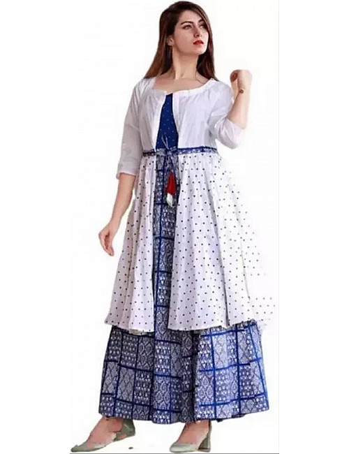 White and blue rayon printed gown kurti with jacket