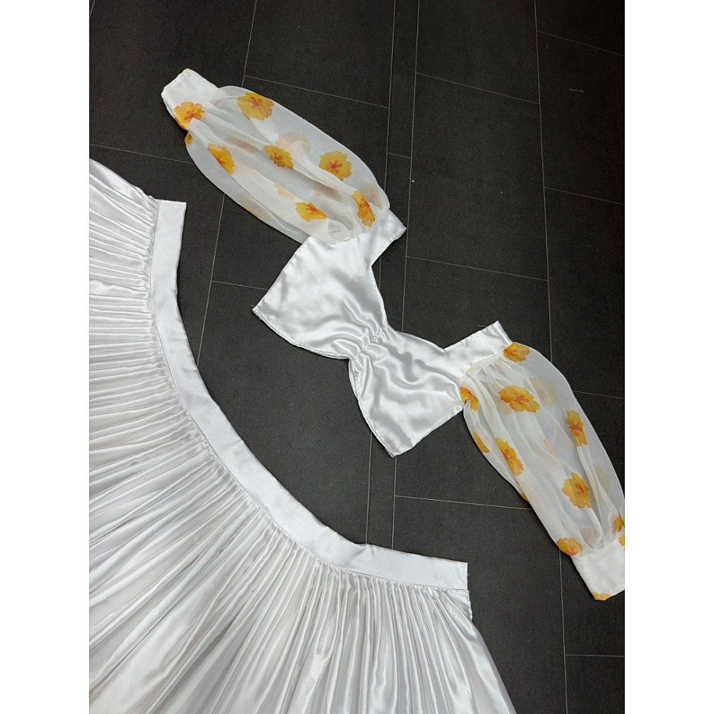 White and yellow soft satin silk crop top lehenga for haldi ceremony