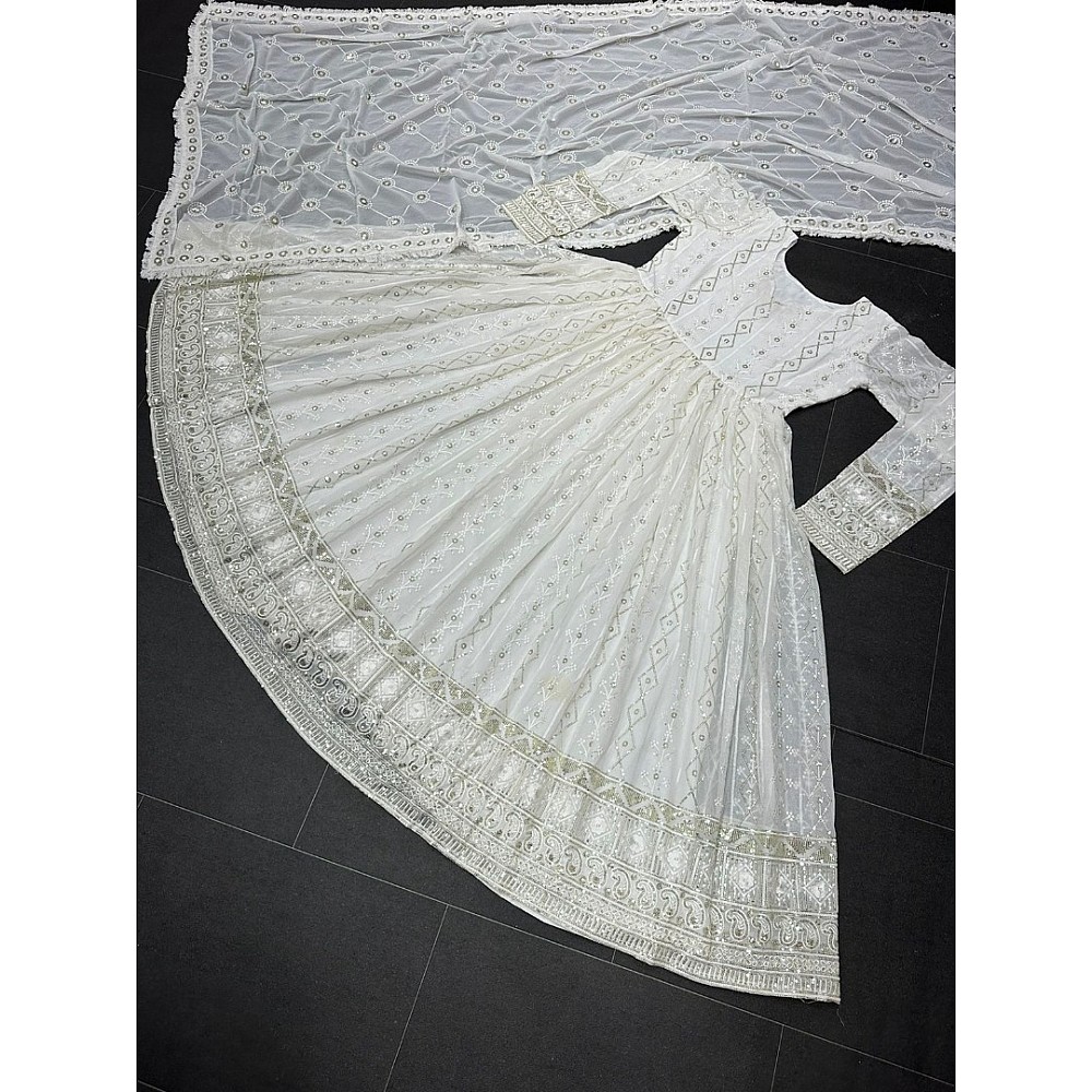 White georgette heavy thread sequence worked anarkali suit