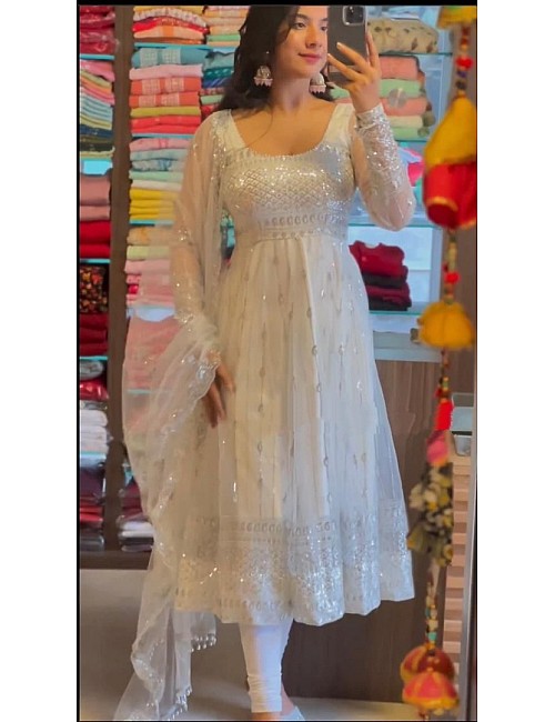 White georgette sequence work anarkali suit