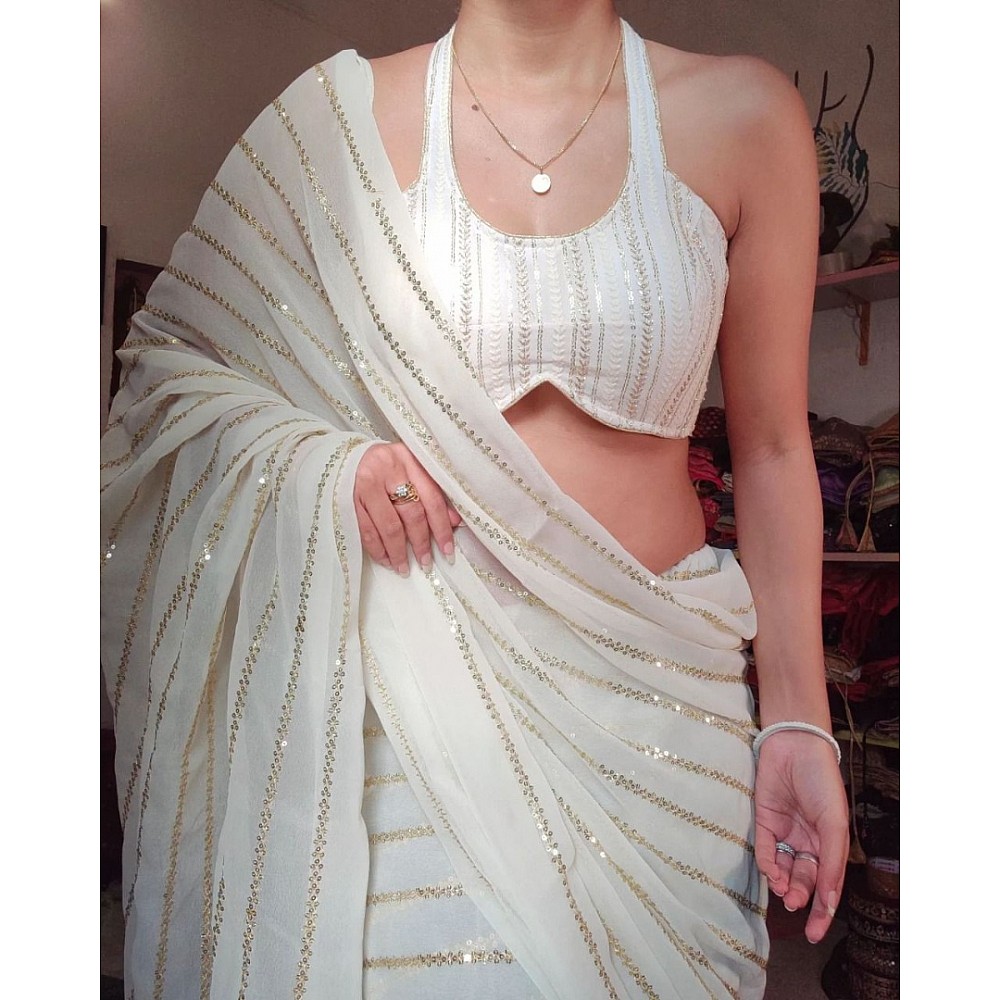 White georgette thread and sequence work party wear saree