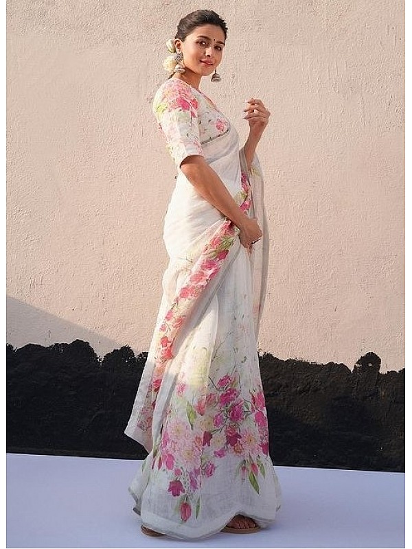 Handloom Linen Saree with Digital Floral Prints – VALAMPURI