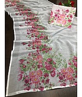 White linen flower printed bollywood saree