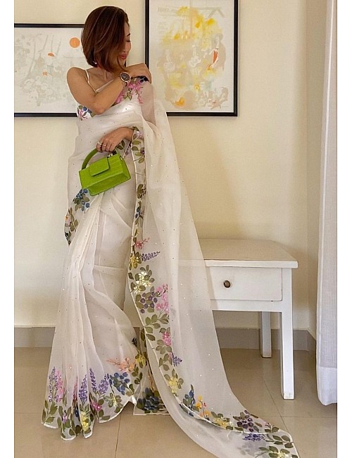 White organza print and hand worked saree
