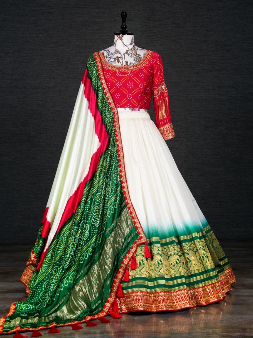 Red & White Festive Wear Bandhani Printed Cotton Satin Designer Lehenga  Choli