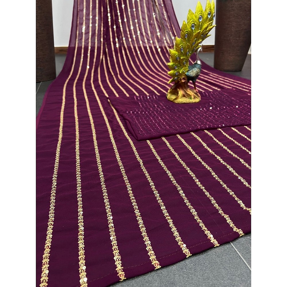Wine georgette thread and sequence work party wear saree