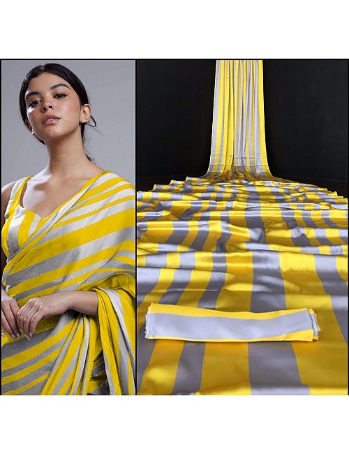 Yellow and grey stripe printed party wear saree