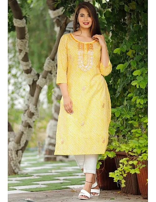 Yellow cotton lehariya printed straight kurti