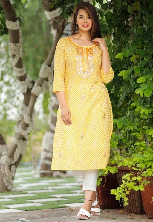 Premium cotton beautiful yellow colour kurti with heavy embroidery on   Aakhiya