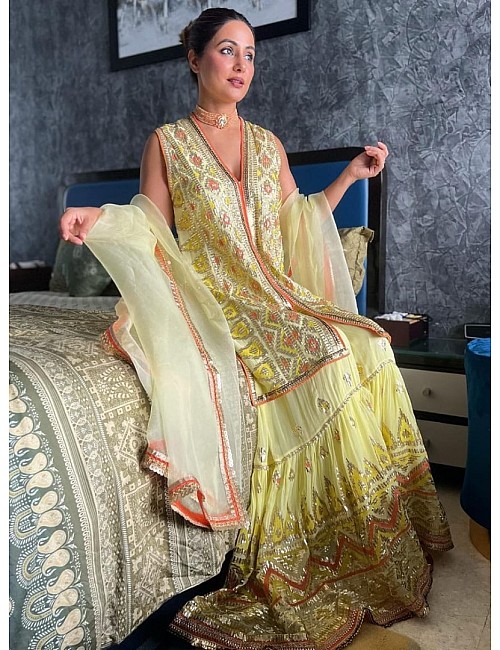 Yellow designer heavy embroidered sharara suit