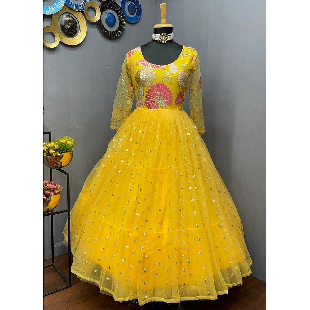 Yellow georgette and soft net embroidered gown