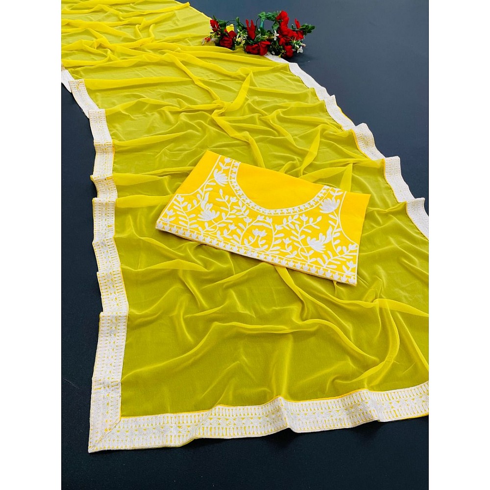 Yellow georgette chain stitch work border saree