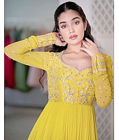 Yellow georgette embroidered gown