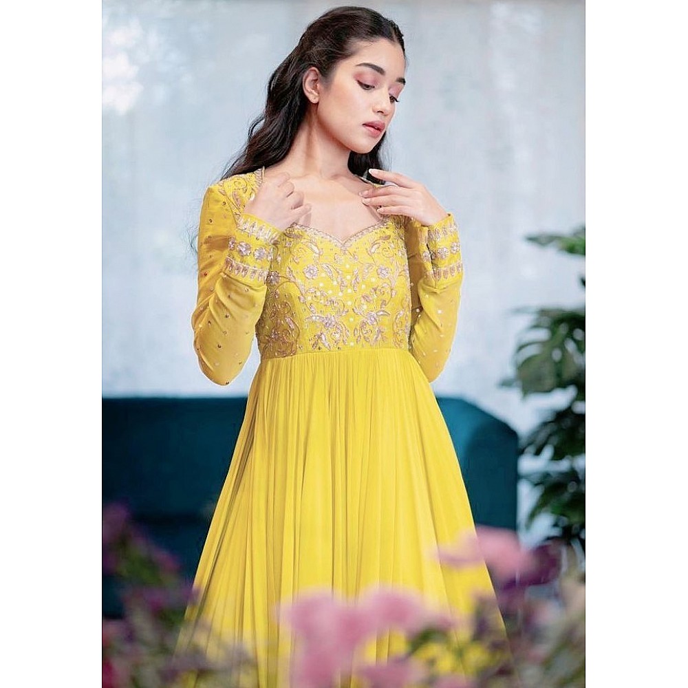 Gown : Yellow georgette embroidered gown