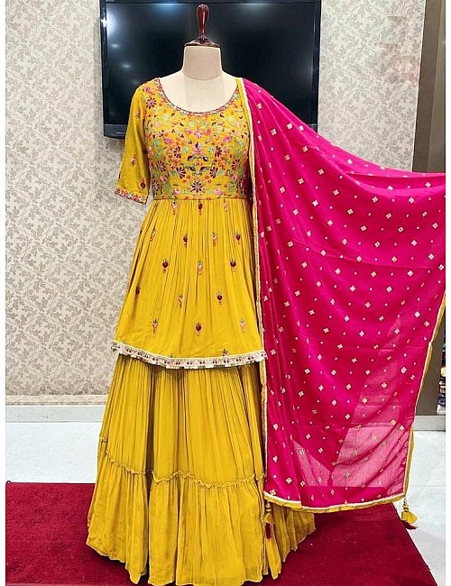 Yellow georgette embroidered sharara salwar suit