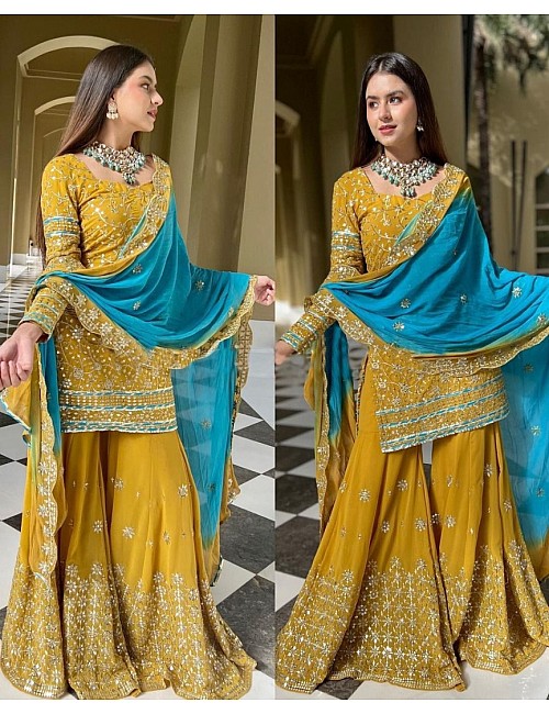 Yellow georgette embroidered sharara suit