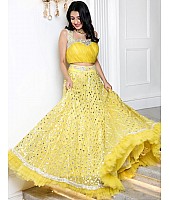 Yellow georgette heavy embroidered foil paper work lehenga choli for haldi ceremony