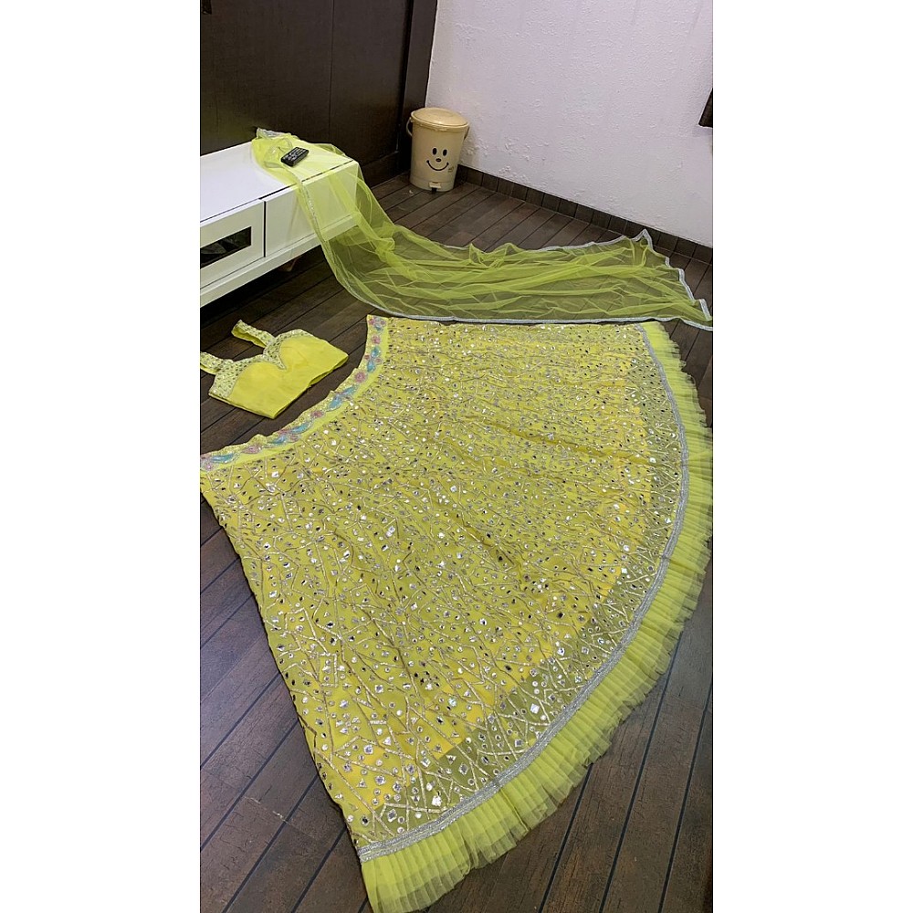 Yellow georgette heavy embroidered foil paper work lehenga choli for haldi ceremony