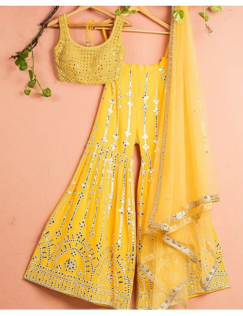 Yellow georgette heavy embroidery work designer plazzo suit