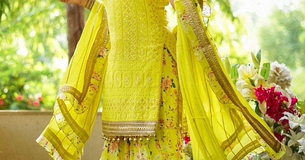 Yellow georgette print and embroidered sharara suit - Fa ...