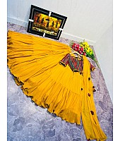 Yellow georgette ruffle layer lehenga with embroidered choli