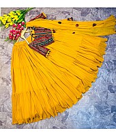 Yellow georgette ruffle layer lehenga with embroidered choli