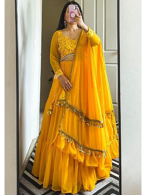 Buy Lime Yellow Lehenga Choli With Multi Colored Beads And Sequins Work And  A Matching Embroidered Belt At The Waist Online - Kalki Fashion