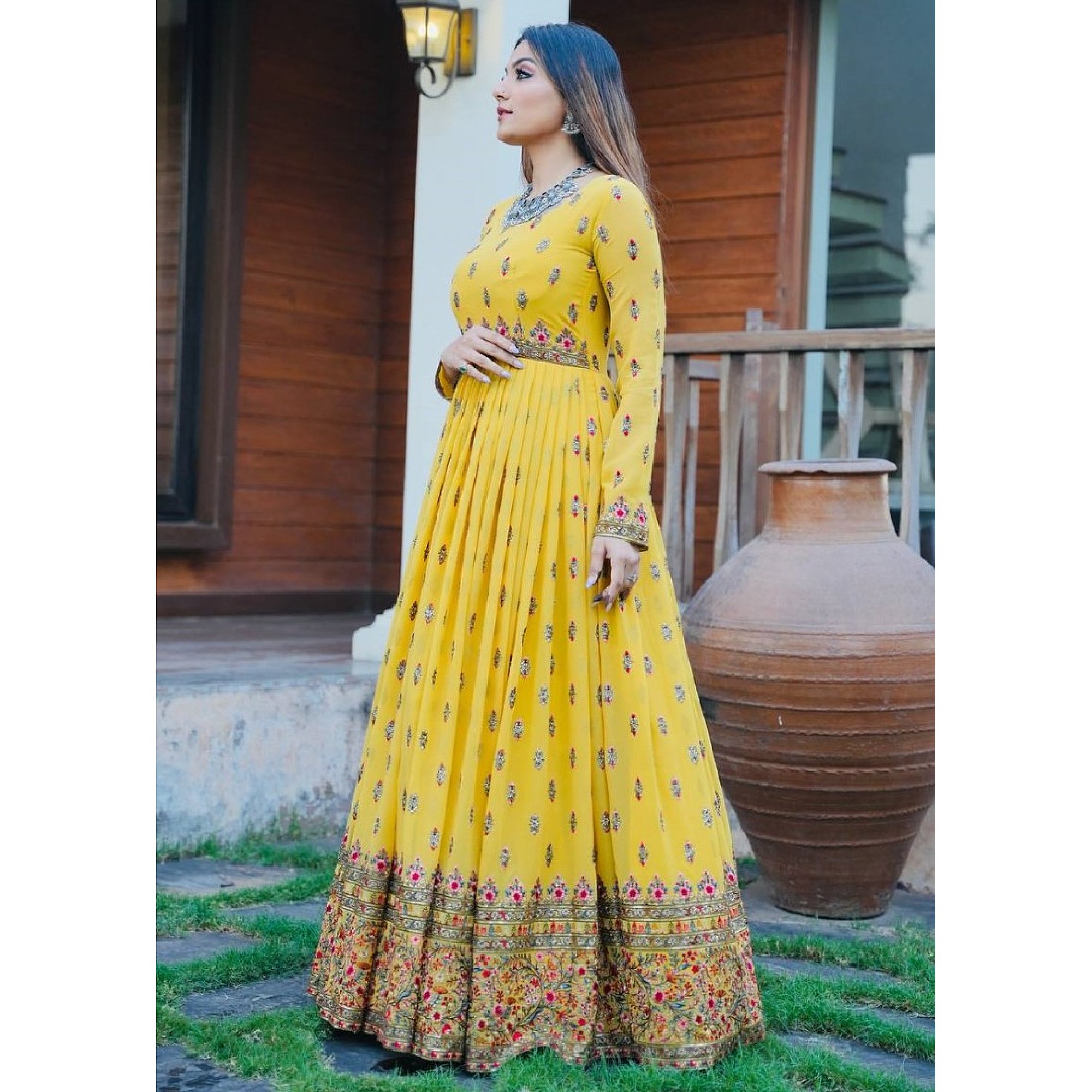 Gown : Yellow georgette sequence embroidered long ethnic ...