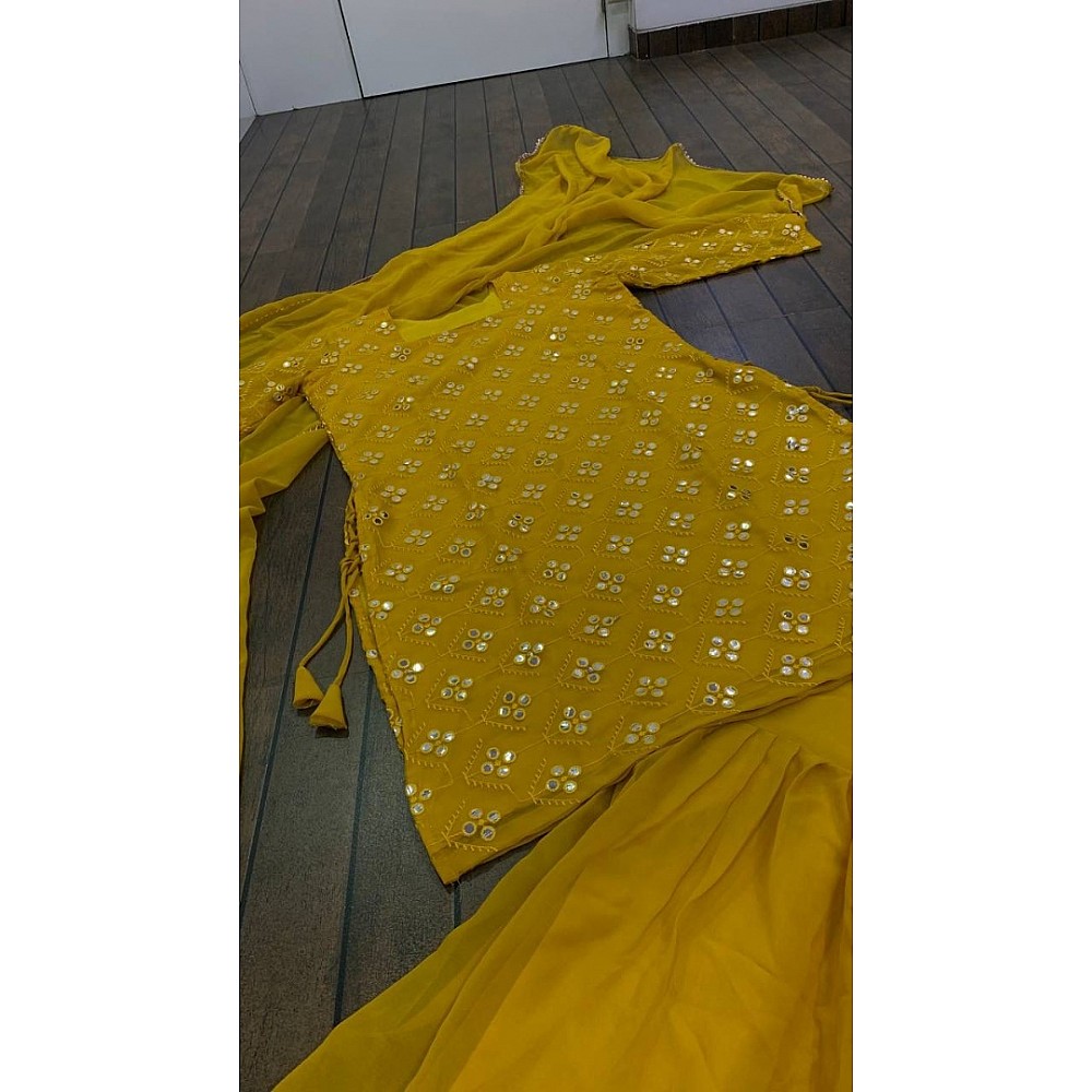 Yellow georgette thread and paper mirror work sharara suit