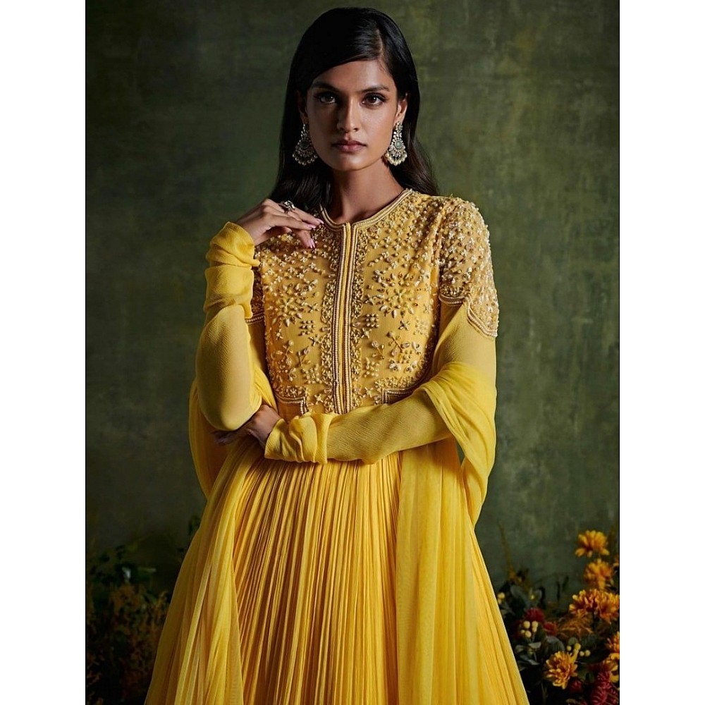 Yellow georgette thread and sequence embroidered long gown